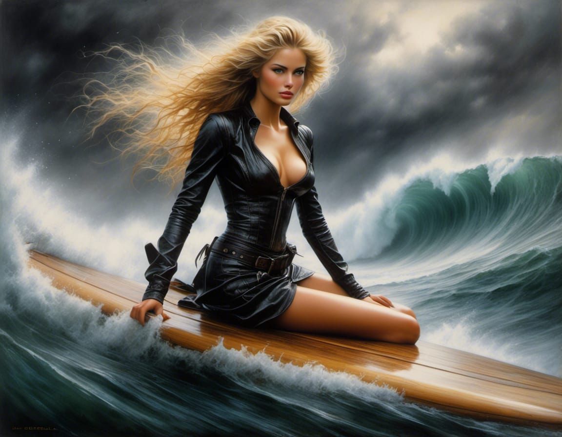 Surfer Girl Rides Tornado, Illustration by Luis Royo