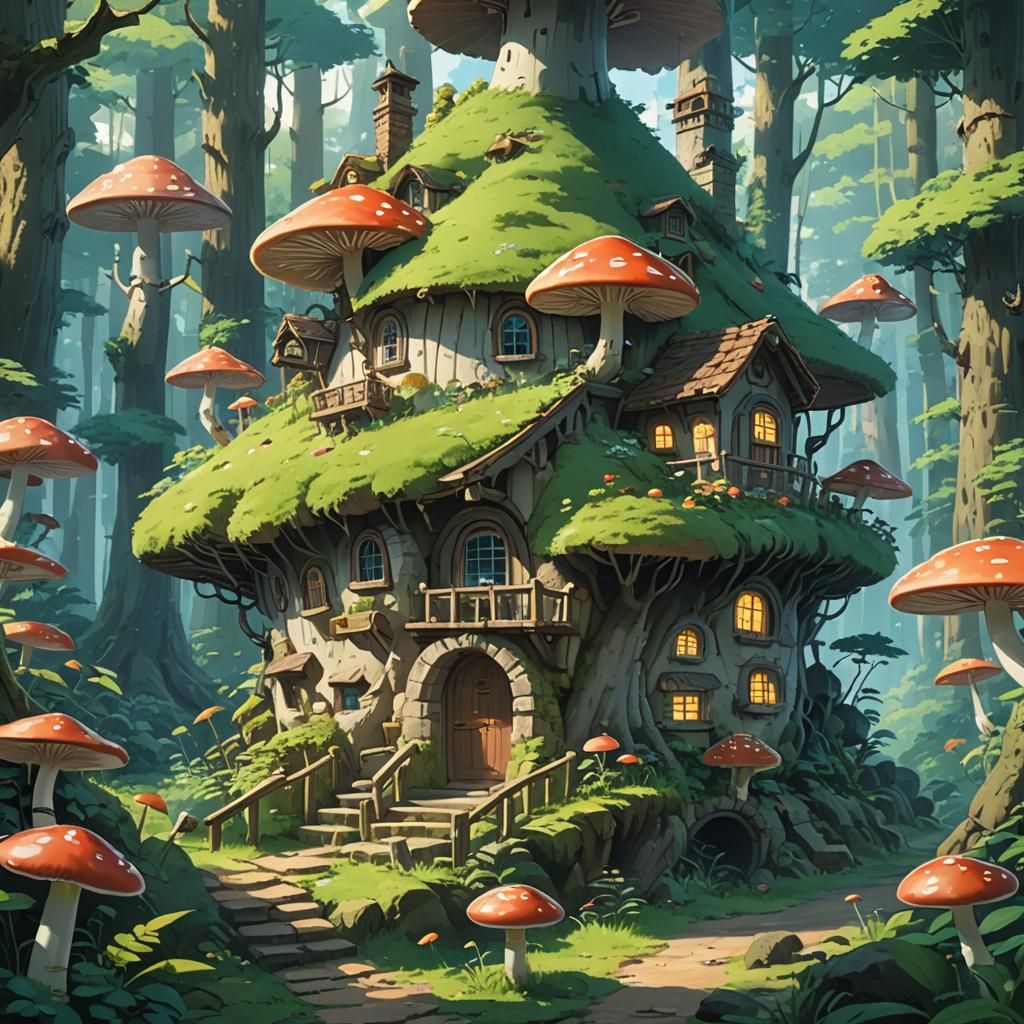 Enchanting Mushroom House in Forest, Anime Style