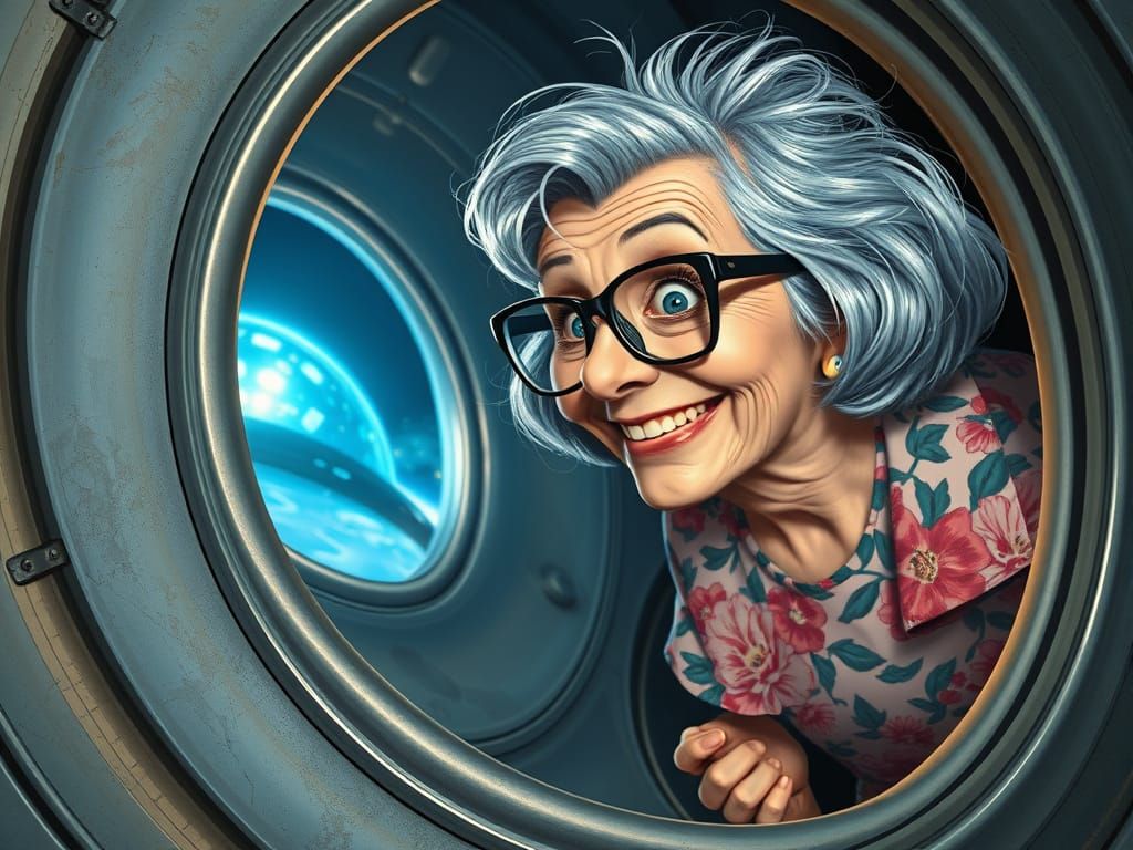 Mischievous Grandma Views the Cosmos from a Futuristic UFO