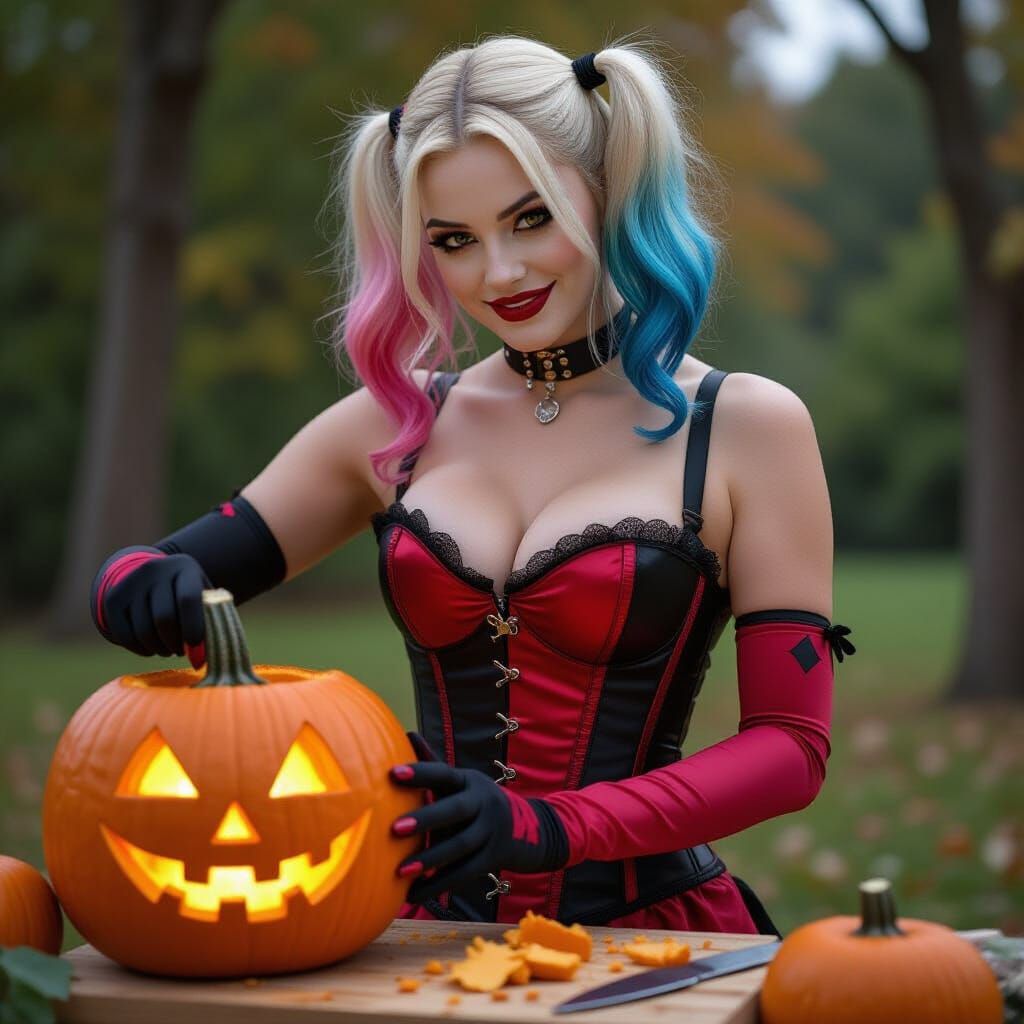 Harley Quinn Carving Pumpkin in Halloween Corset