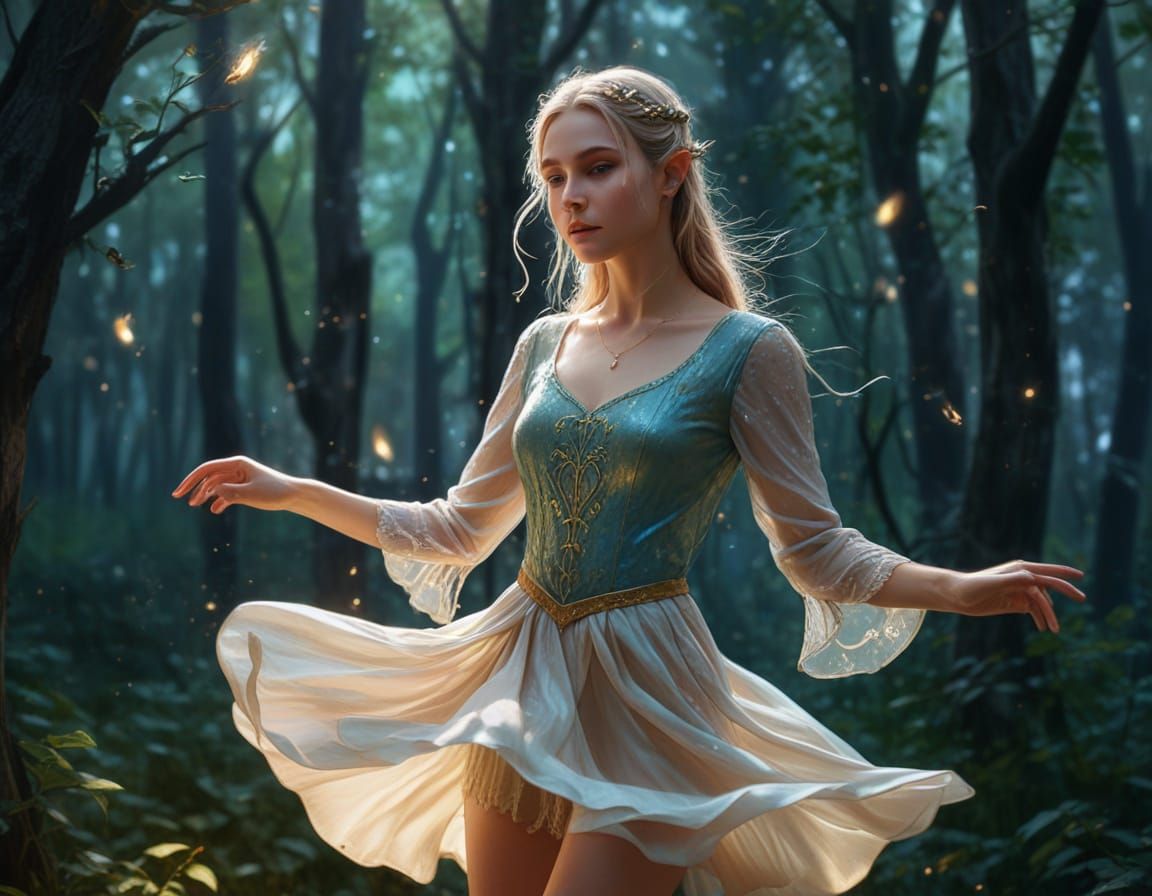 Elf Dances in Moonlit Forest Glade