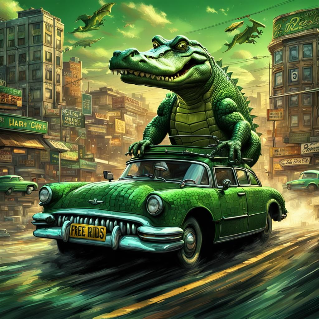 Comic Alligator Drives Green Car with Sign