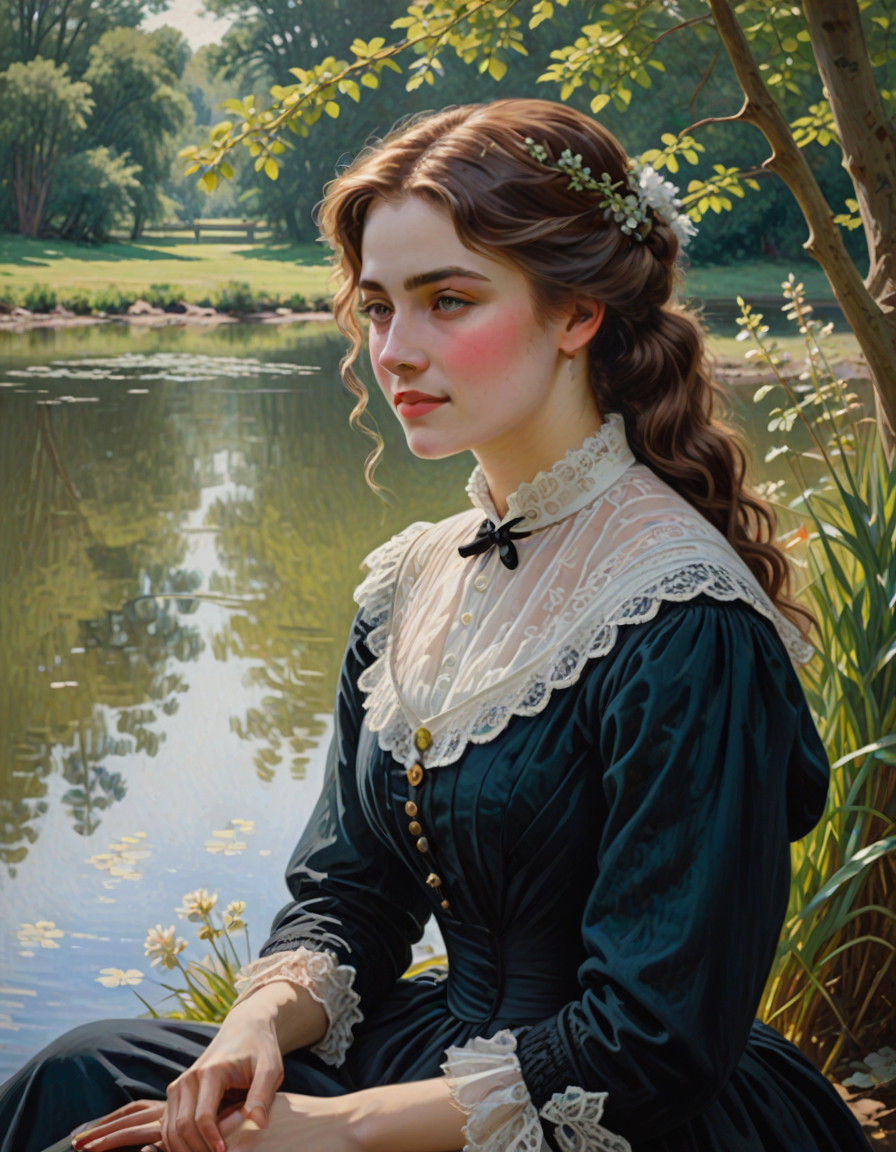 Romantic Victorian Lady by a Serene Lake