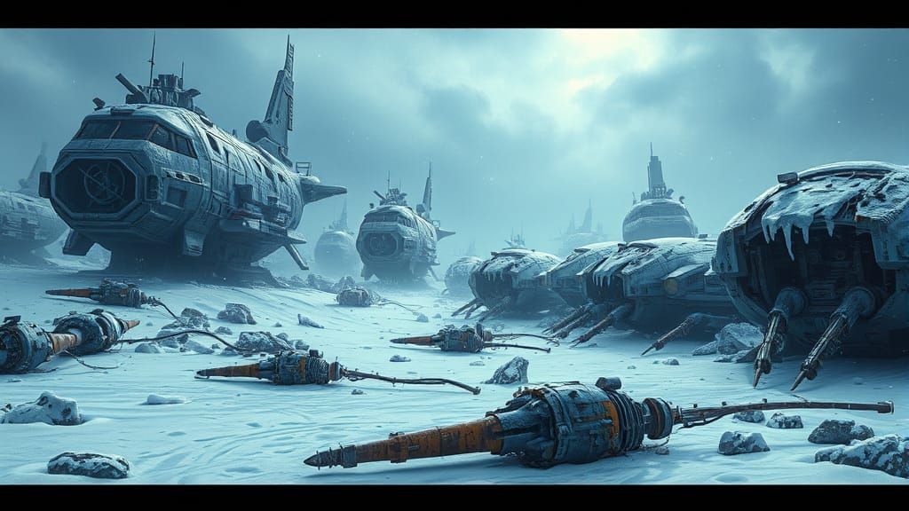 Frozen Spaceship Junkyard in Detailed Matte Painting Style