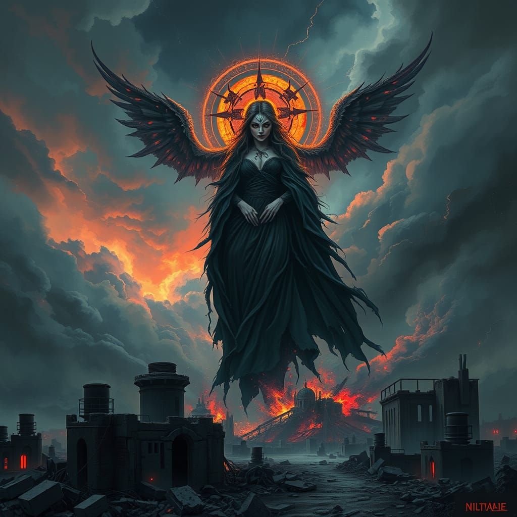 Goddess of Destruction Over Abandoned City: Cyberpunk Art