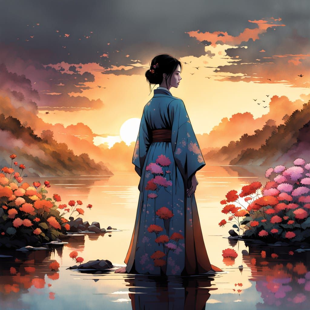 Serenely Standing Woman in Japanese Kimono, Sunset Lake Scen...
