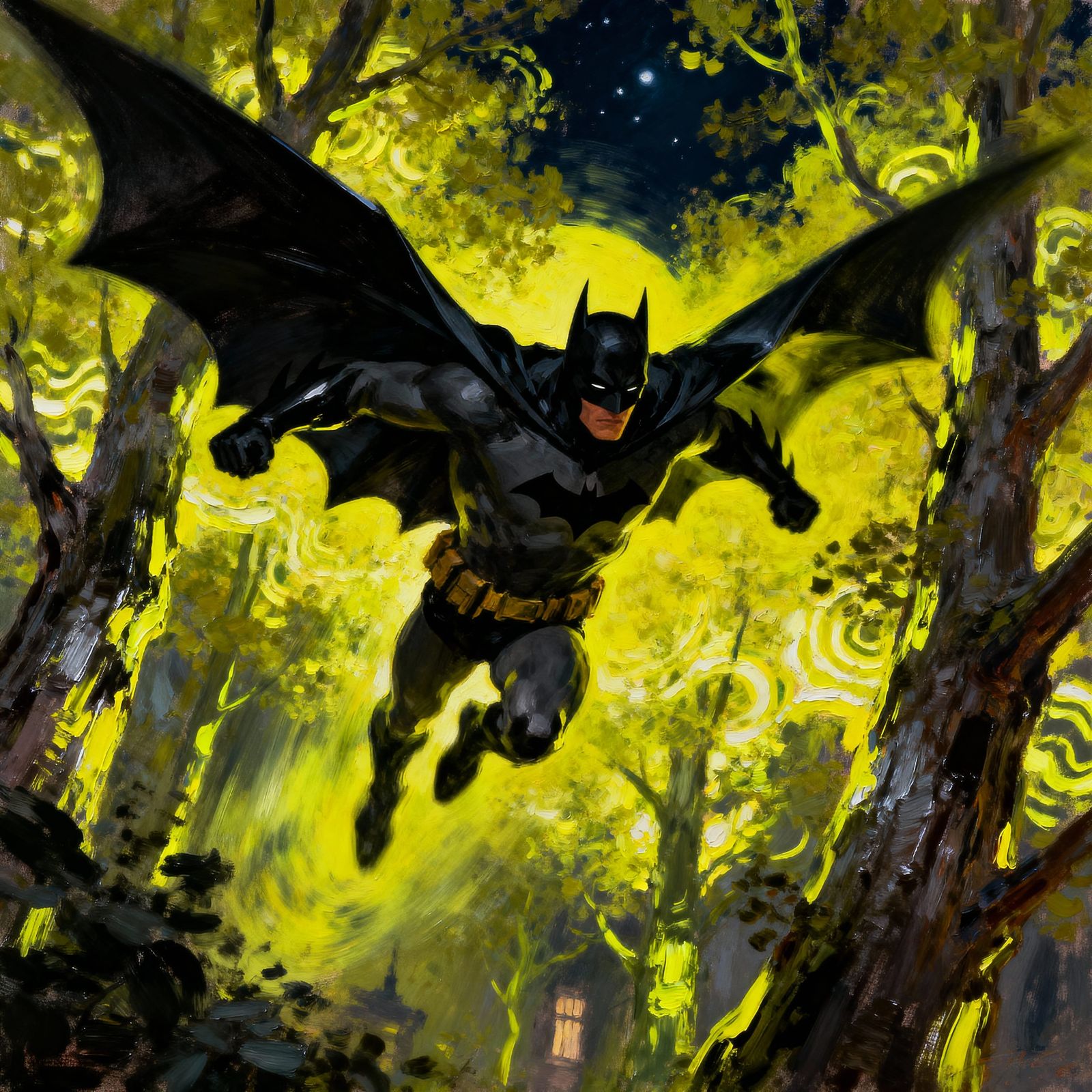 Batman Flying Through Neon Trees in Oil Painting Style