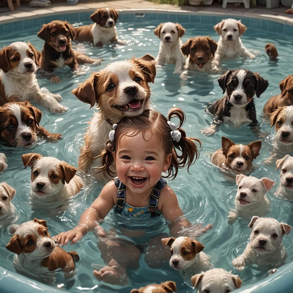 Baby Girl and Puppy in Pool: Digital Matte Painting