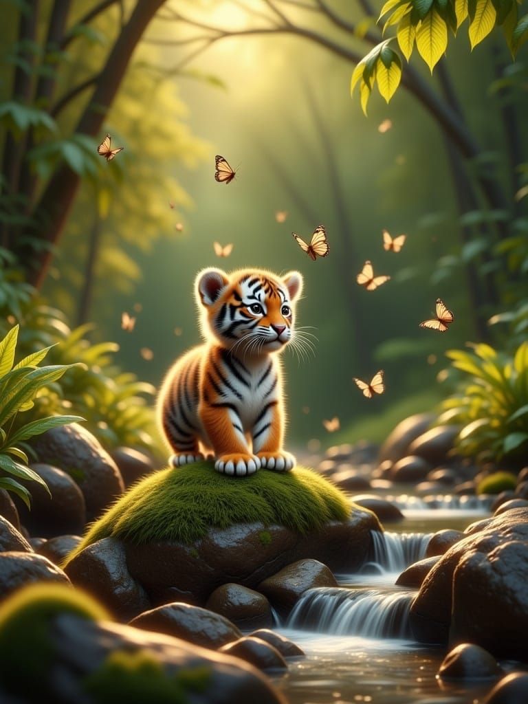 Tiger Cub Surrounded by Whimsical Butterflies in a Serene Cr...