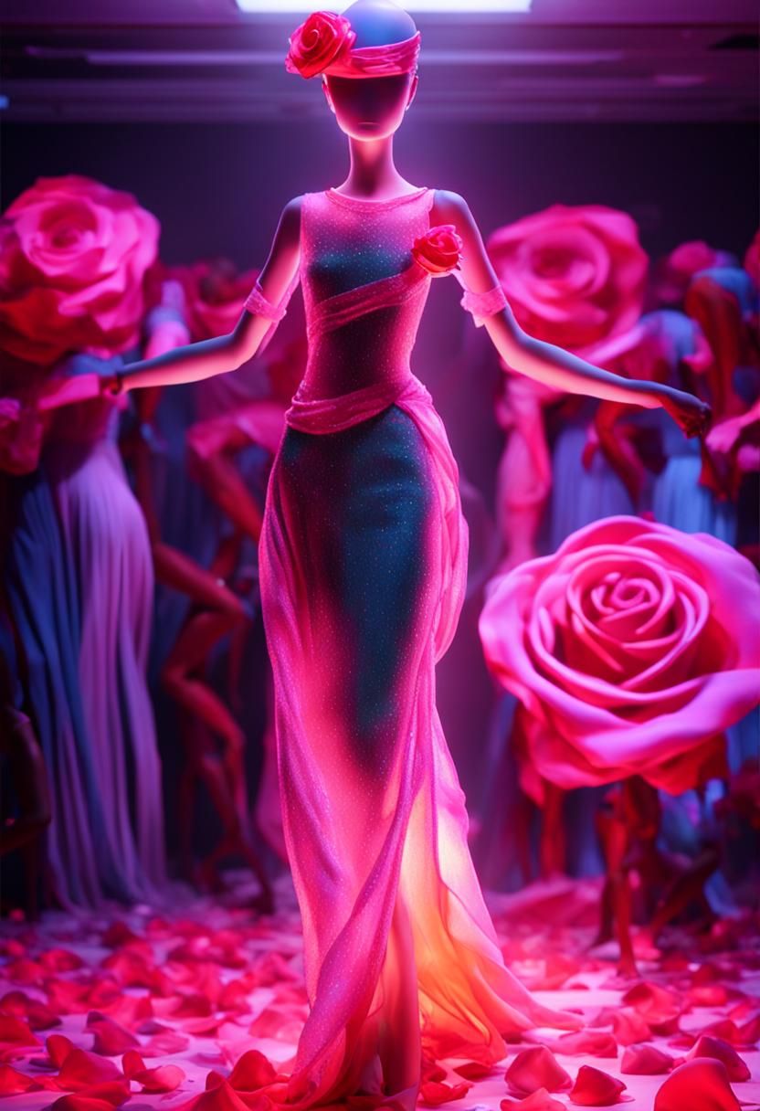 Hyper-Realistic Girl in Silk Dress with Mannequins