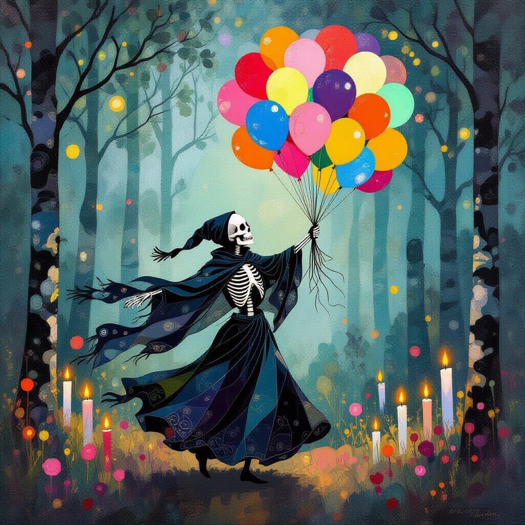 Dancing Skeleton with Balloons, in Impressionist Style