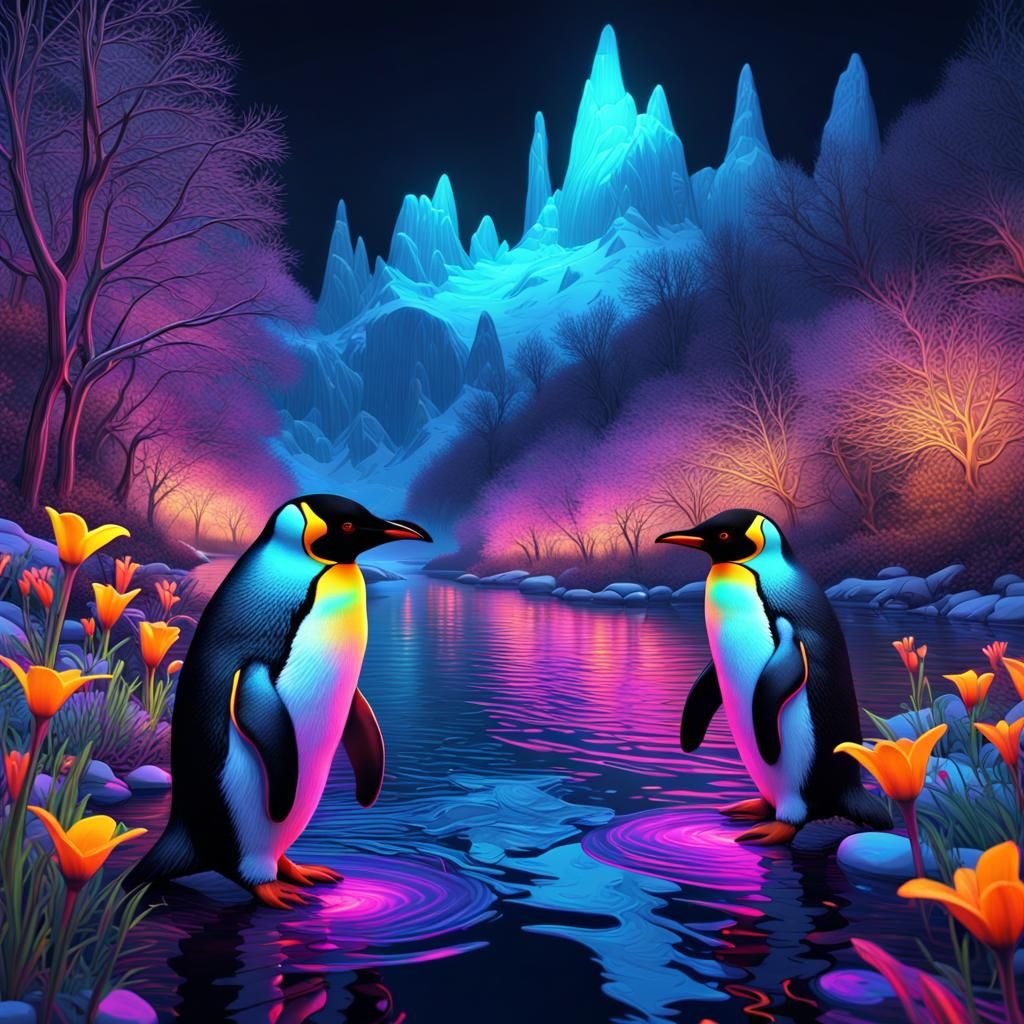 Blacklight Penguins on a Vibrant River, 3D Fractal Art