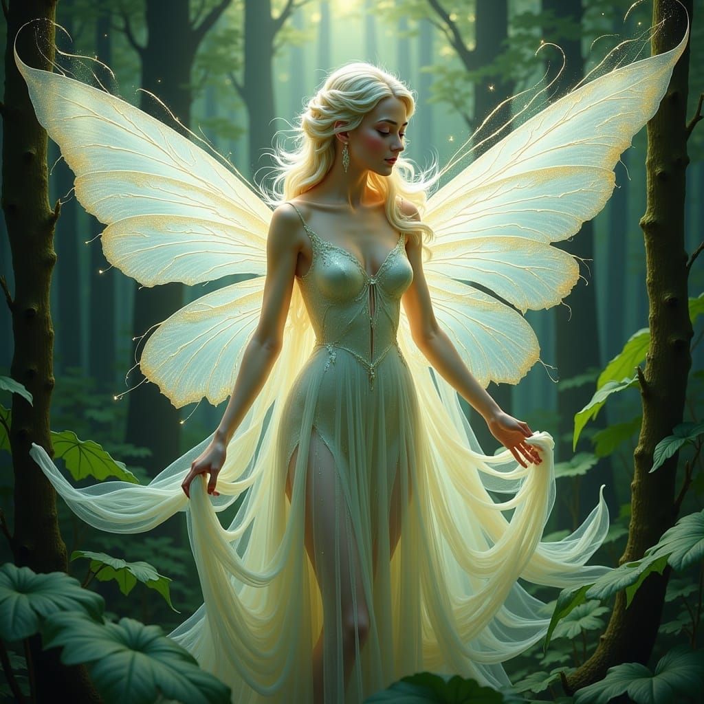Ethereal Moonlit Forest Fairy in Resplendent Gouache Style