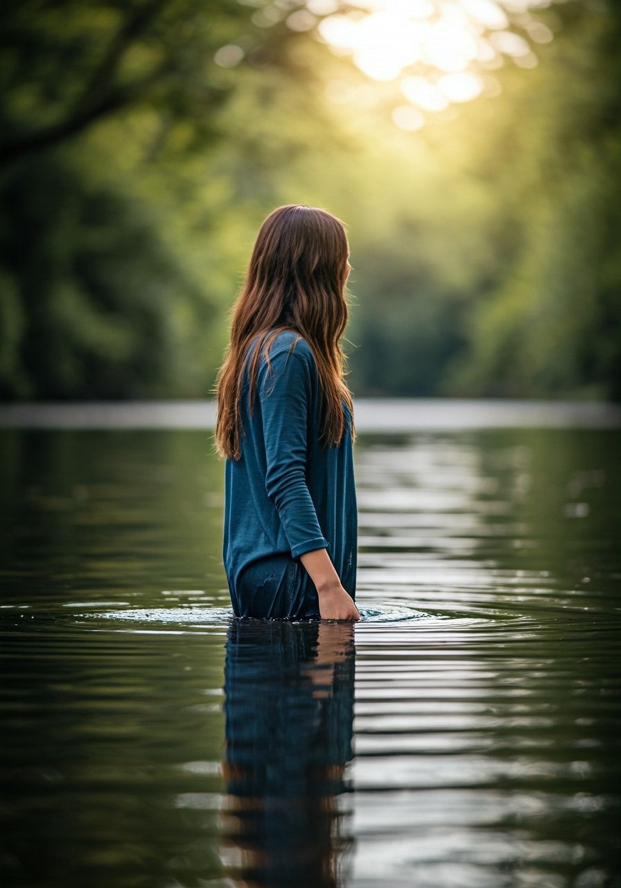 Person Wading in Serene Water with Lush Greenery