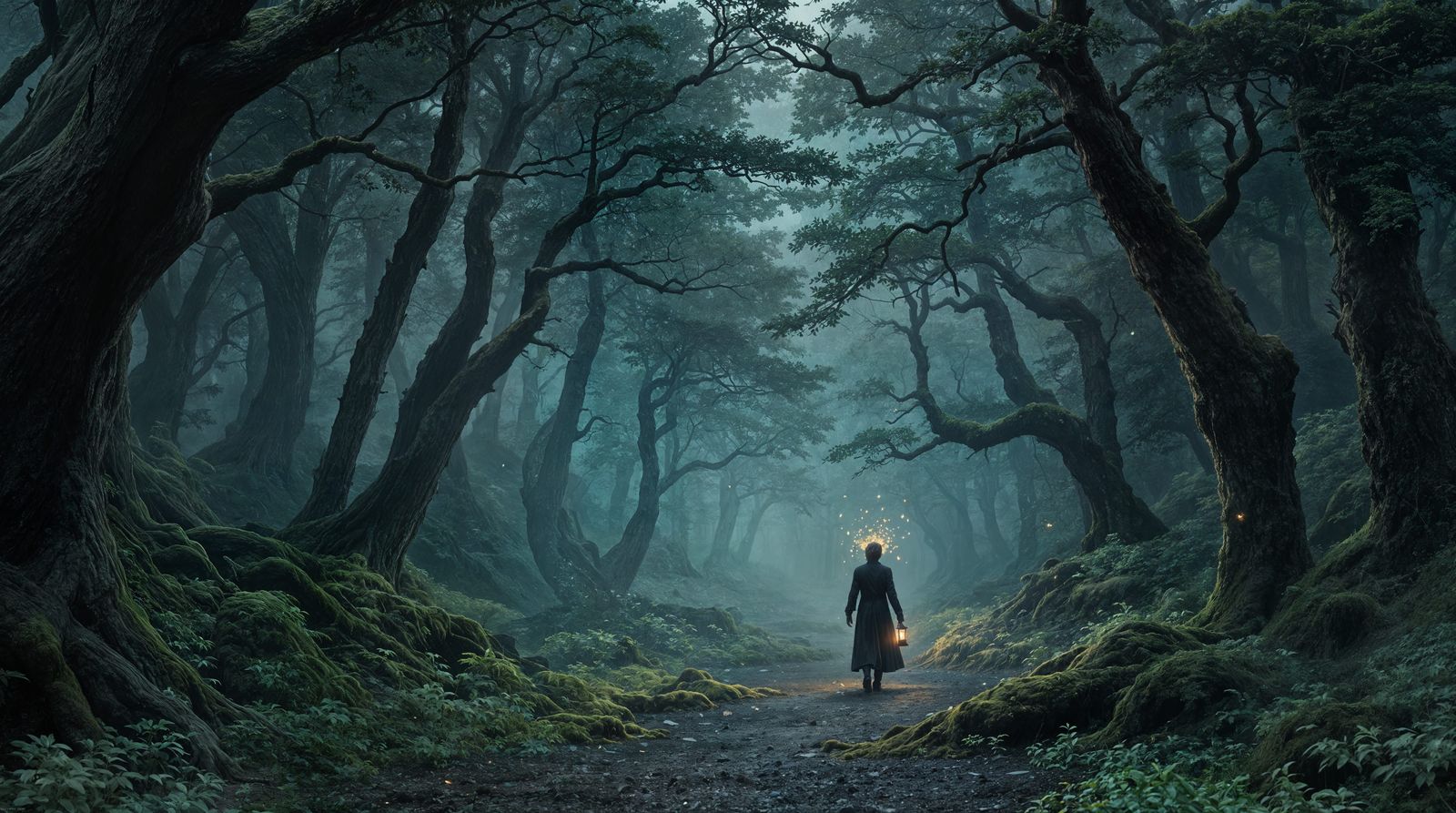 Enchanted Norwegian Forest Scene in Muted, Earthy Tones