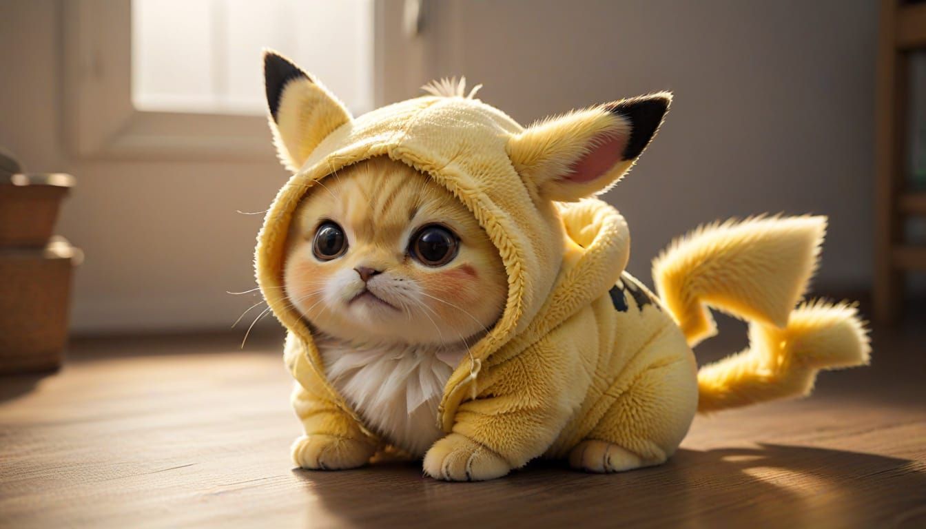 Cute Kitten in Pikachu Hoodie with Baby Mouse Friend