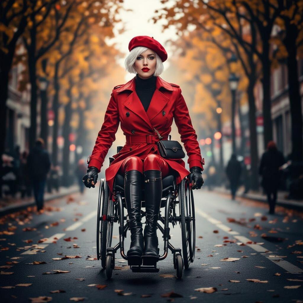 Fashionable Woman in Wheelchair in Autumn Street Scene