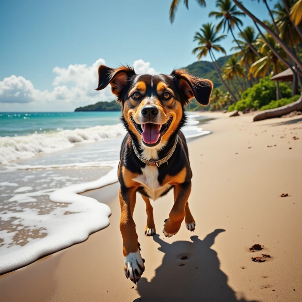 Happy Mixed Breed Dog on Tropical Beach, Photorealistic Styl...