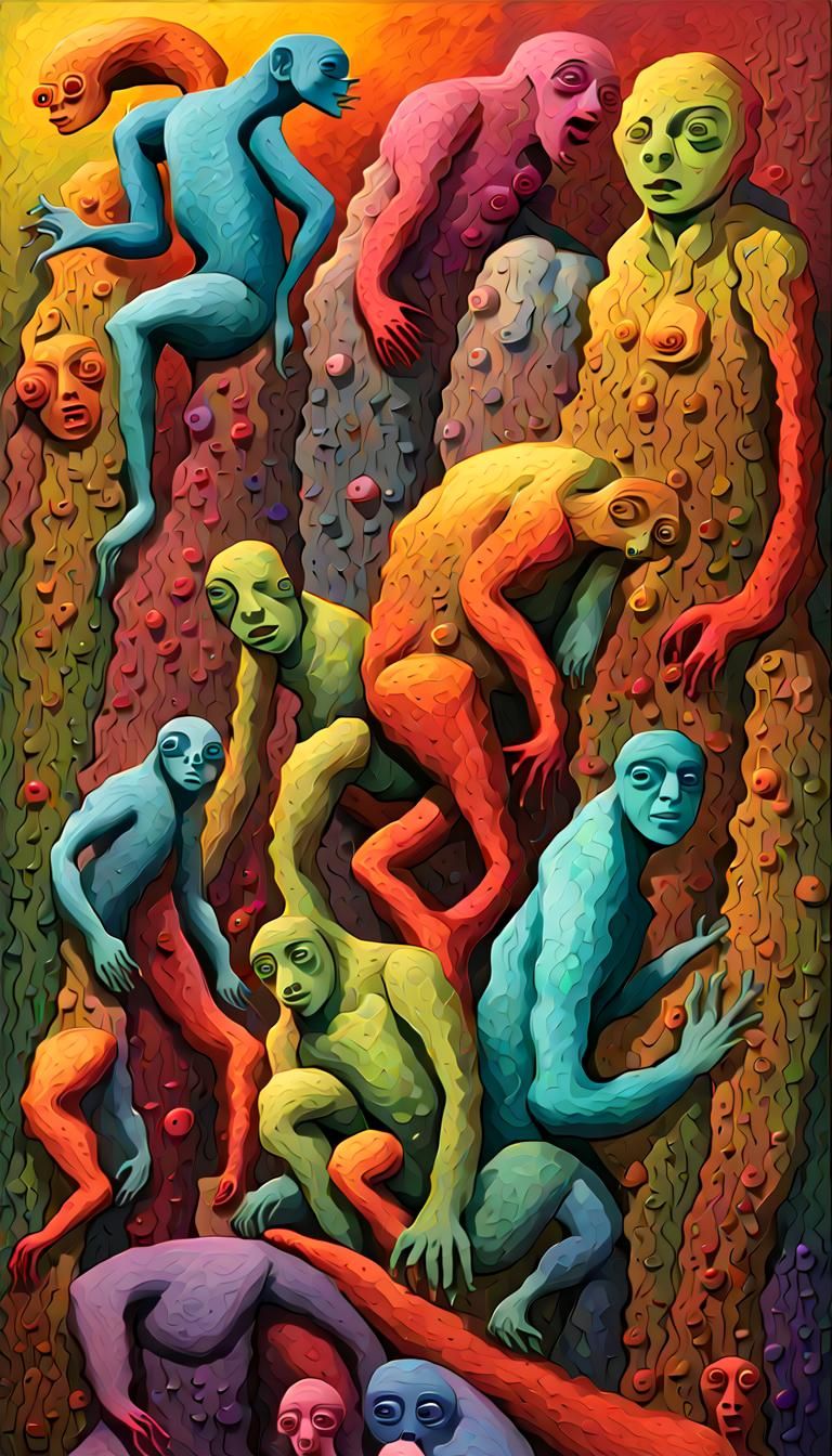 Eerie 3D Art Display with Non-Human Figures