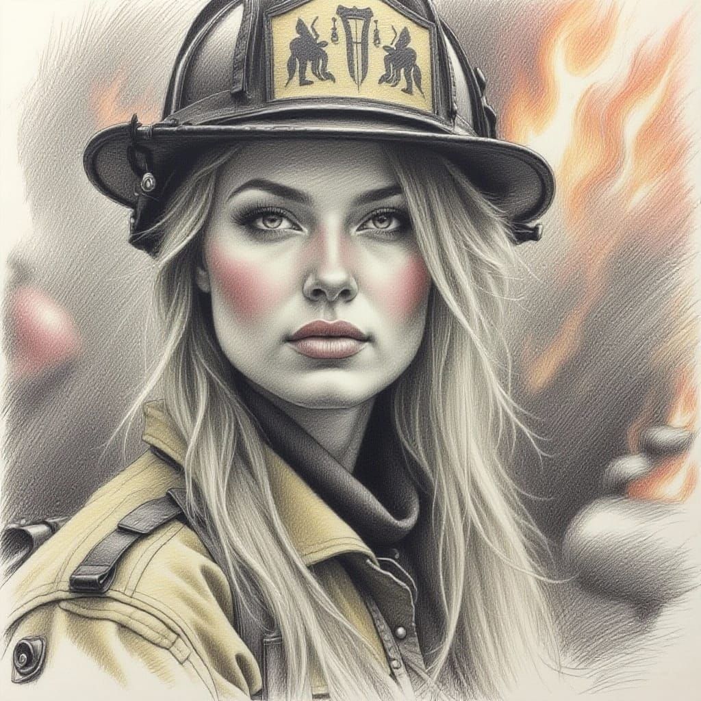 Female Firefighter in Uniform as Colored Charcoal Art