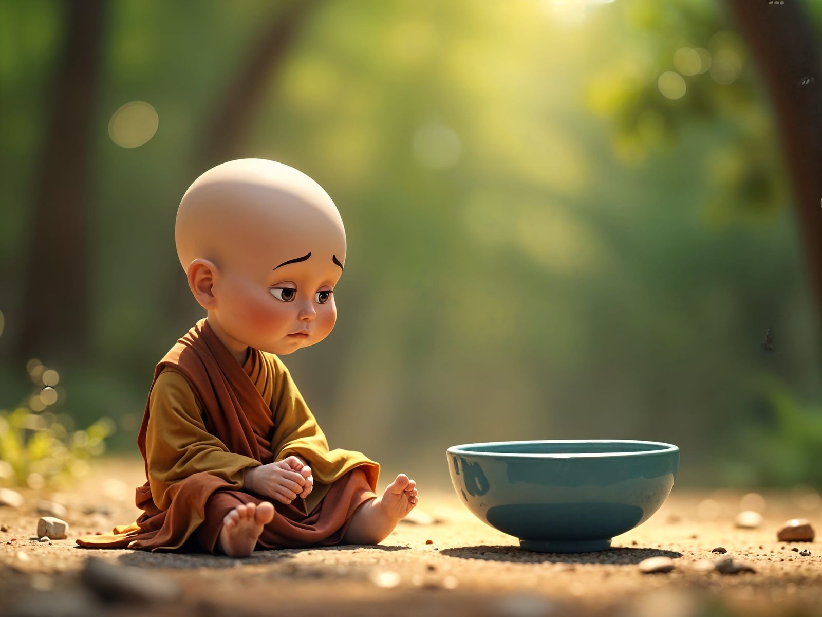 Sad Zen Monk with Empty Bowl, Pixar Style