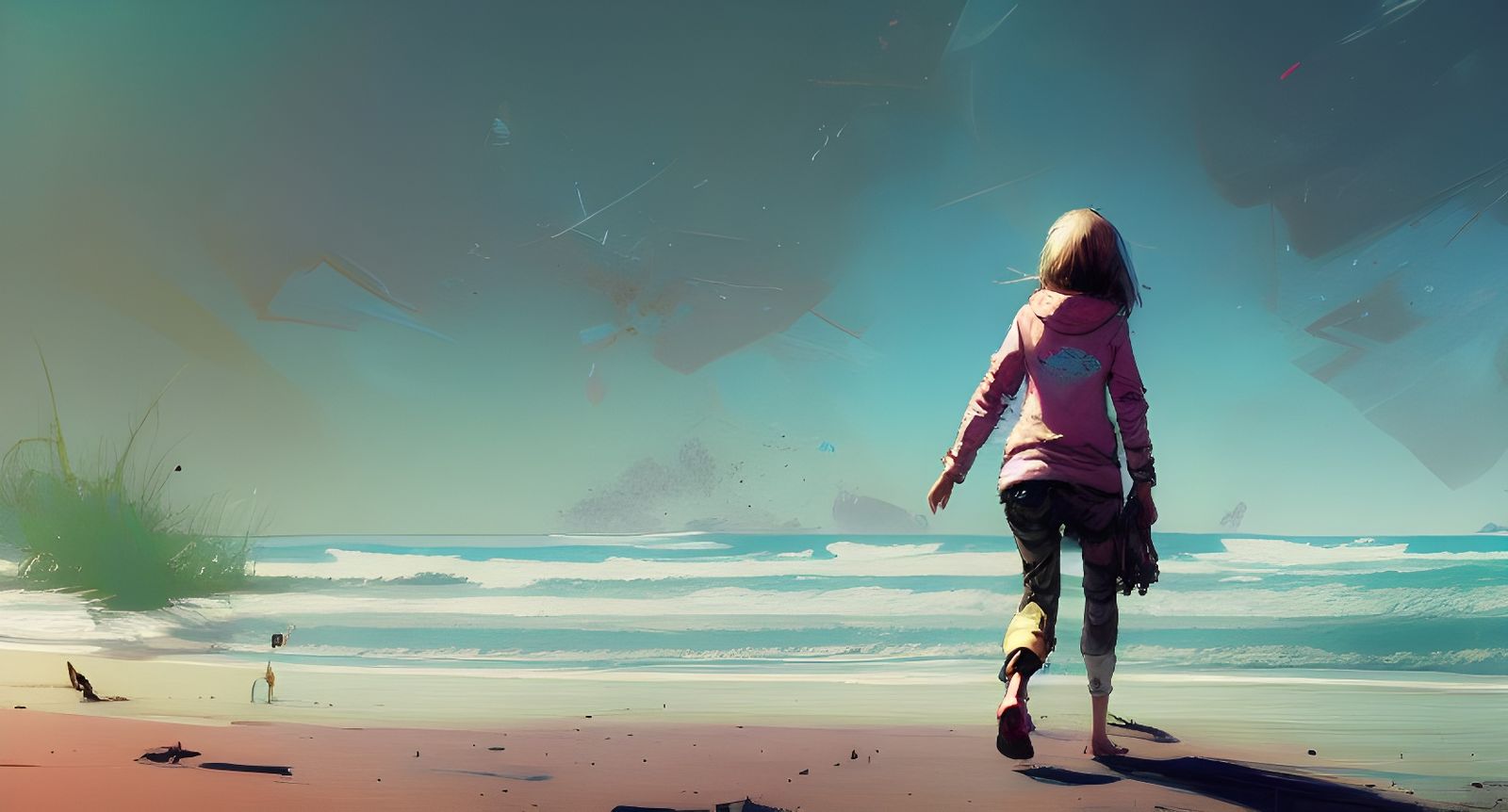 Girl Walking on Beach: Digital Art