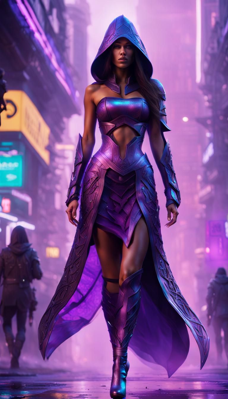 Futuristic Warrior Priestess in Neon Cityscape