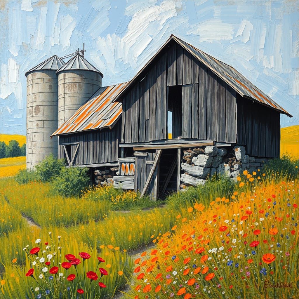 Rustic Barn and Silo in Post-Impressionist Style