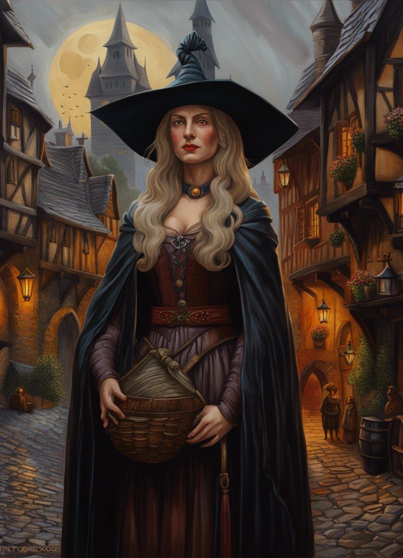 Medieval Witch in Town Square, Impasto Oil Painting