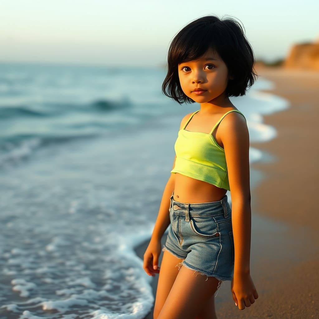 Girl at Shoreline in Dreamy Realism Style