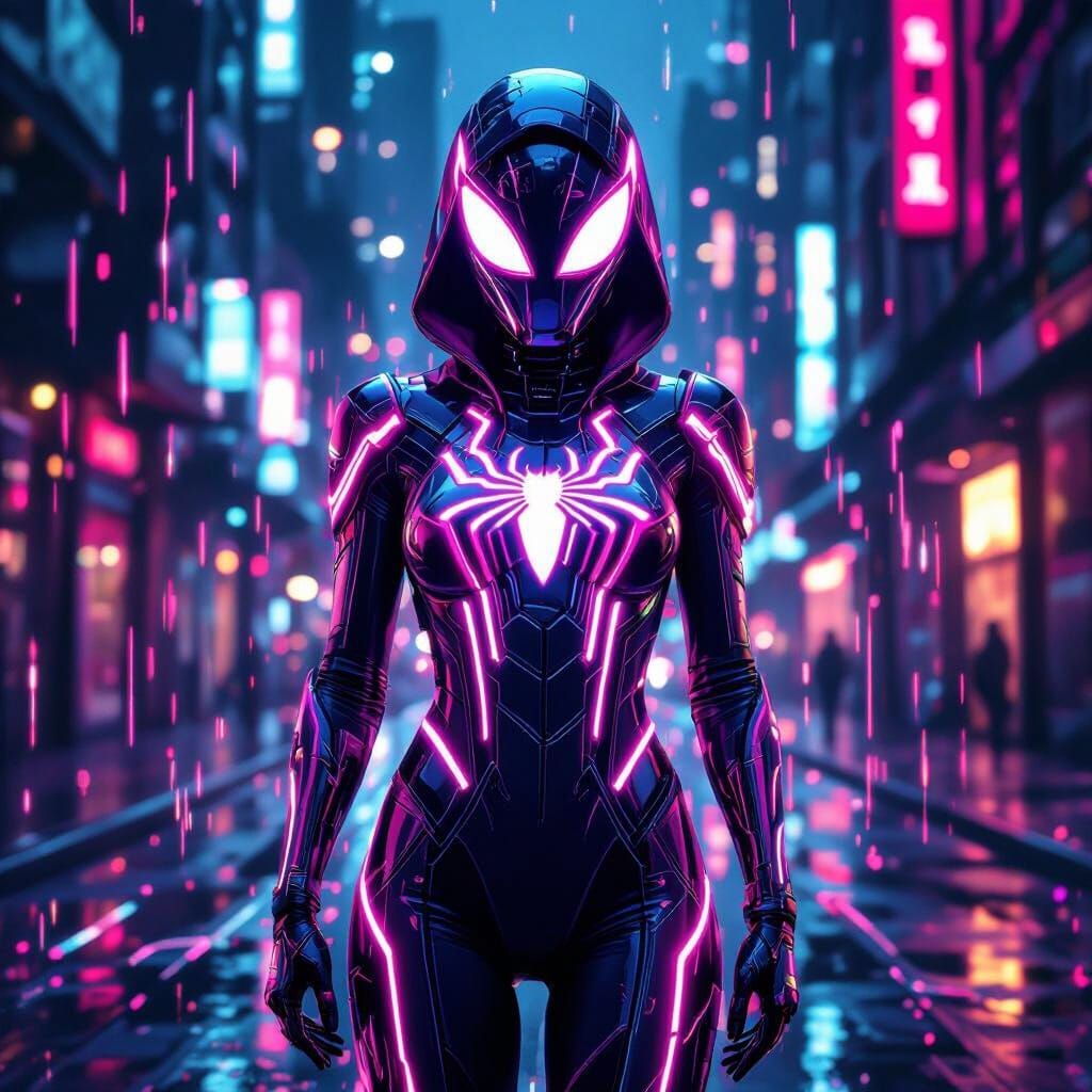 Futuristic Superhero in Neon Arachne Cyberpunk Suit