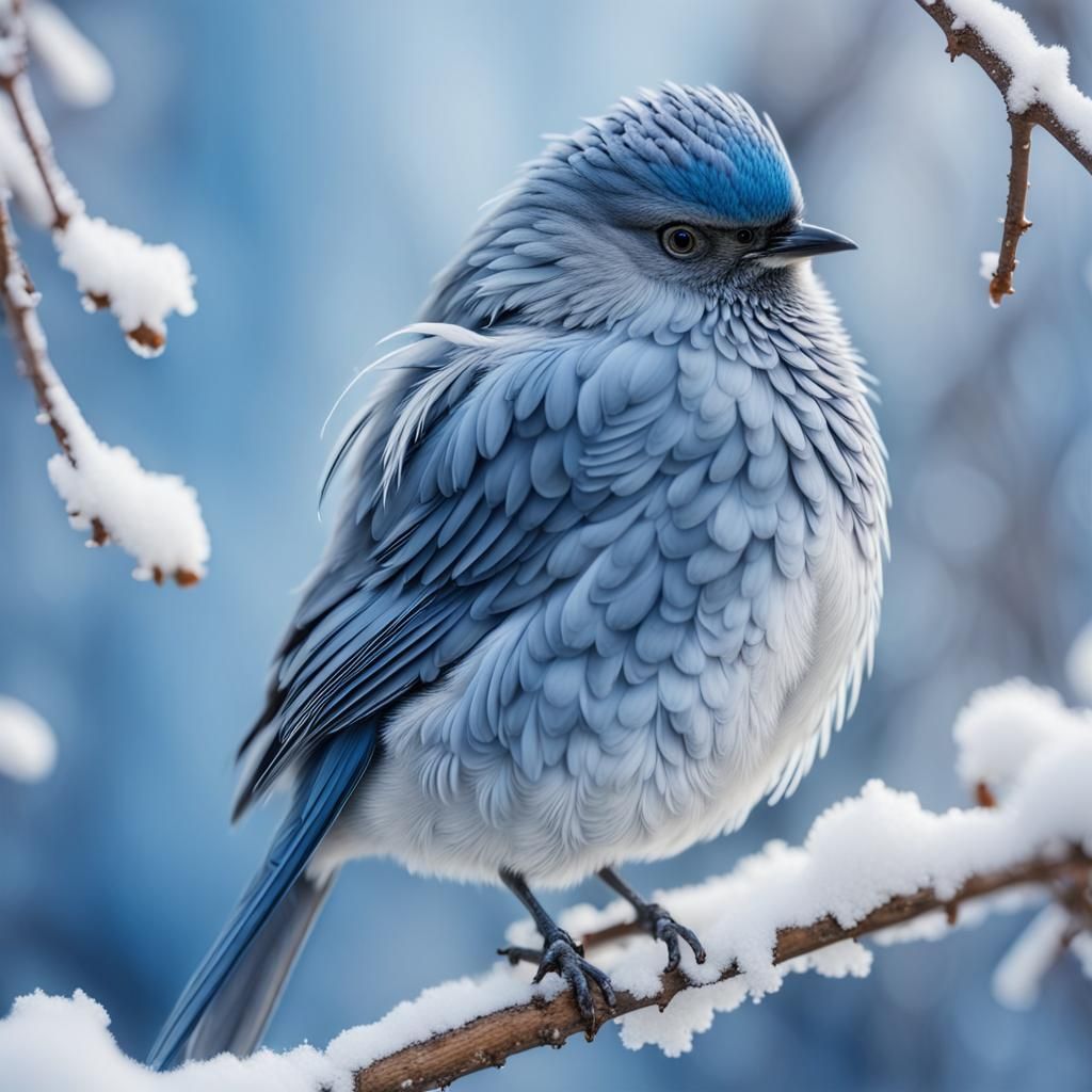 Fluffy Blue Winter Bird on Snowy Branch