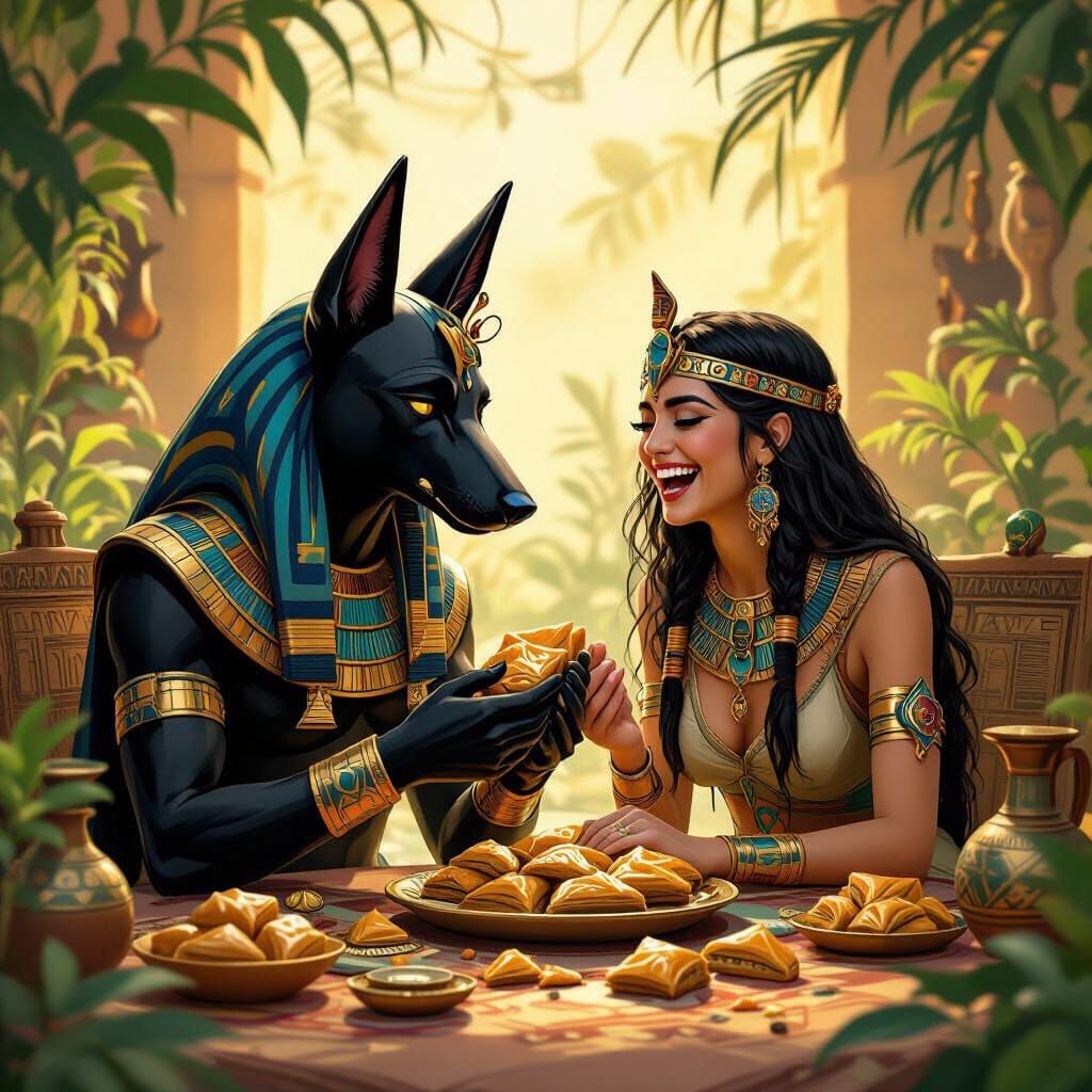 Anubis and Celtic Goddess Share Baklava, Digital Art