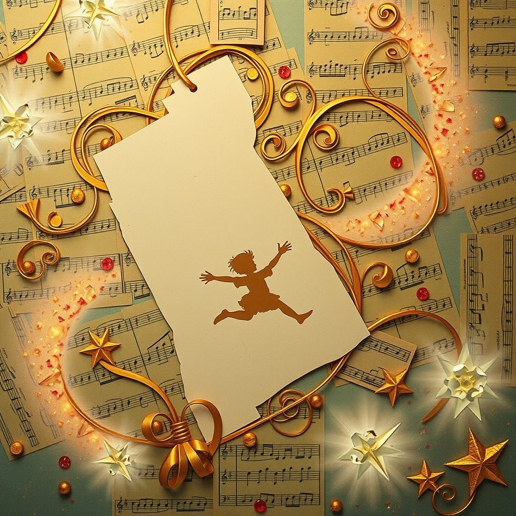 Child Silhouette Jumps in Puddles with Floating Sheet Music