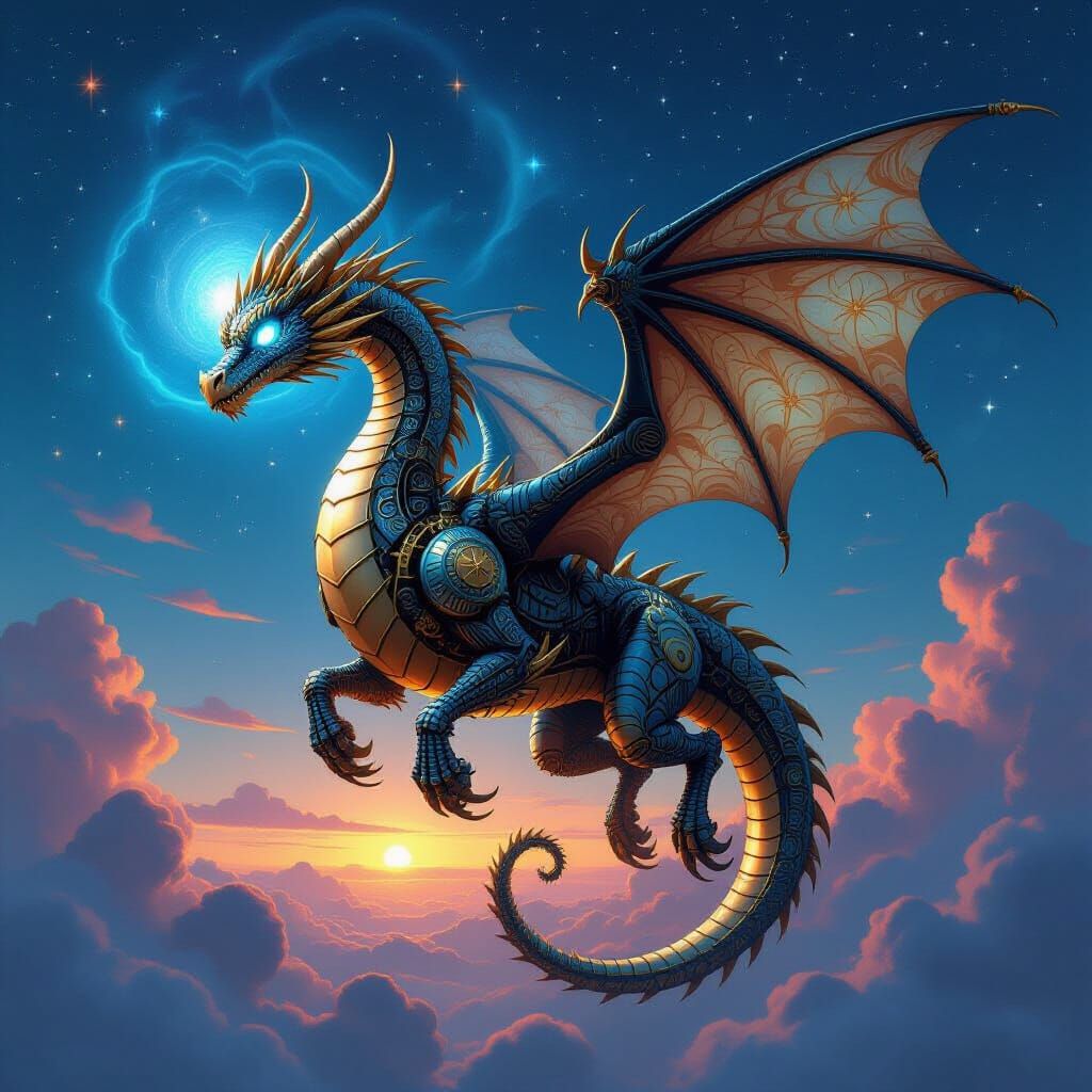 Clockwork Dragon Soars Through Bioluminescent Nebula Sky