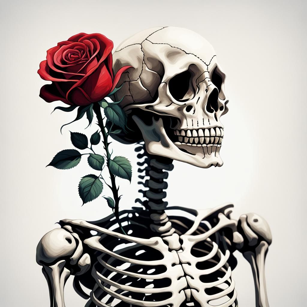 Whimsical Skeleton with Rose in Hand-Drawn Style