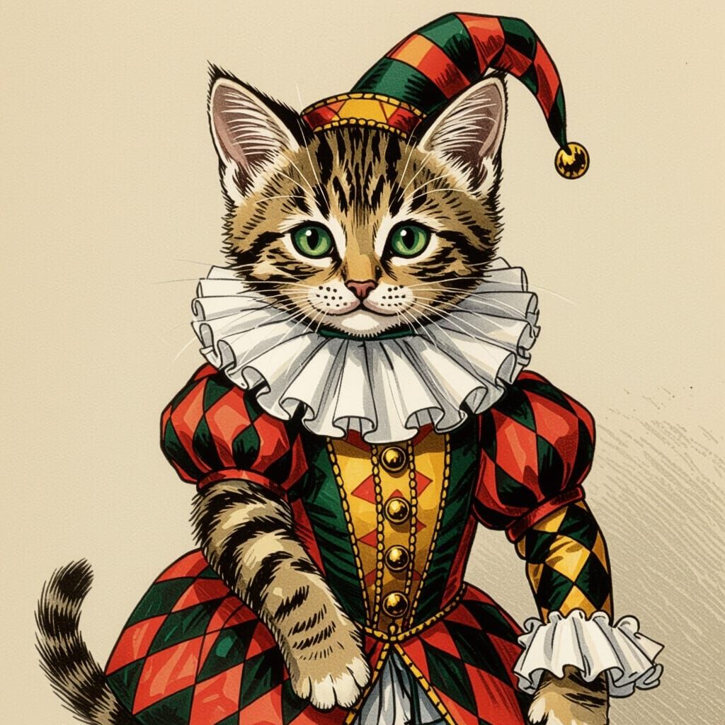 Tabby Kitten Harlequin at Masked Ball in Tenniel Style