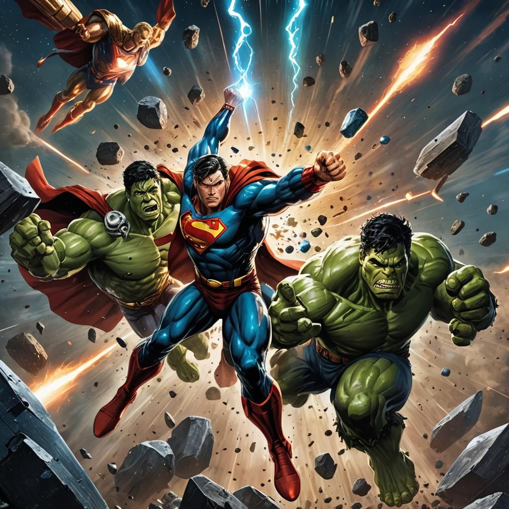 Epic Superhero Battle in Space: Hyperrealistic Concept Art