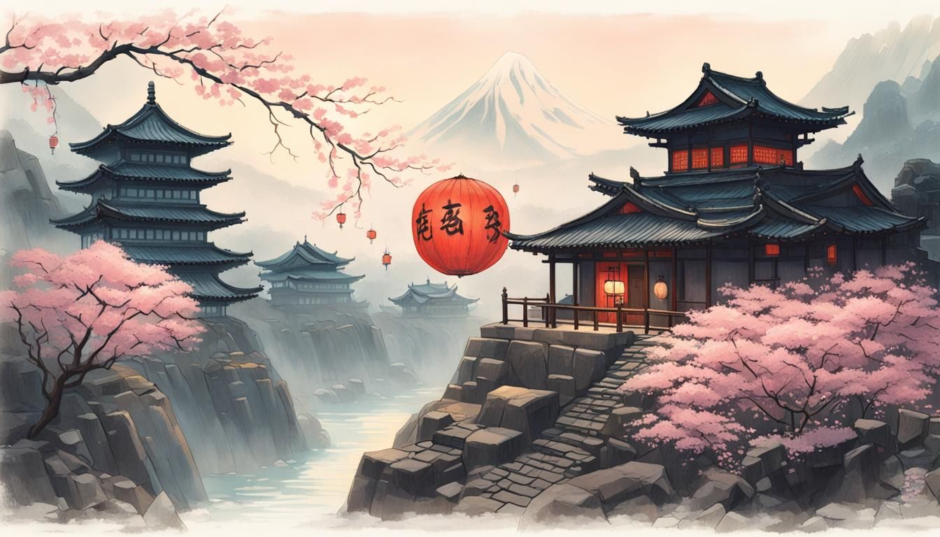 Japanese Stone Walls with Cherry Blossoms in Ukiyo-e Style