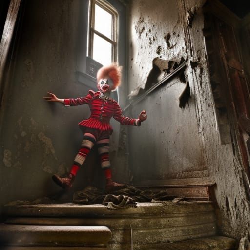 Creepy 1950s Clown Doll on Haunted Staircase