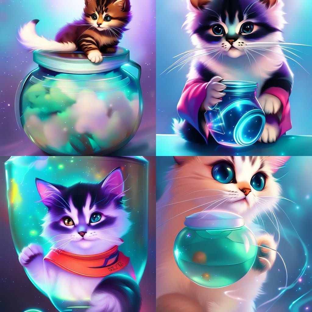 Lunarpunk Kitten with Galaxy Jar, Digital Art
