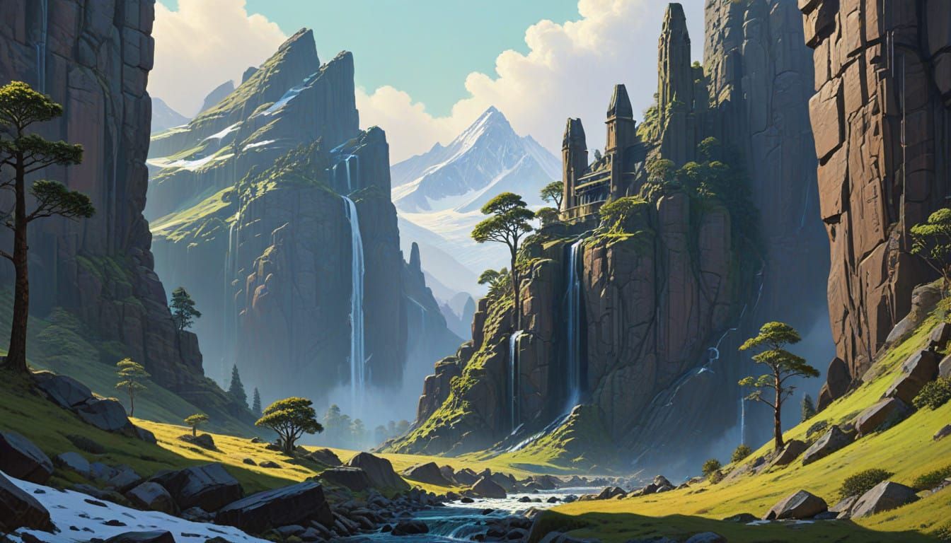 Majestic Fantasy Citadel Amidst Granite Mountains