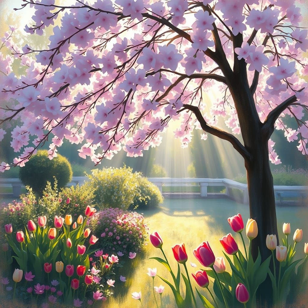 Impressionist Garden Scene with Cherry Blossoms and Tulips
