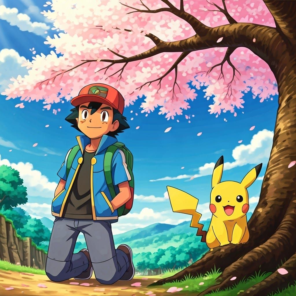 Ash and Pikachu Watch Sakura in Anime Style