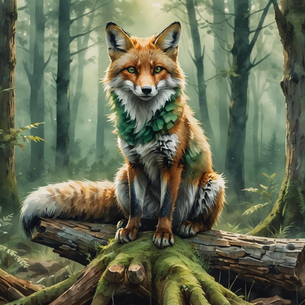 Emerald Fox in Misty Forest, Watercolor Style