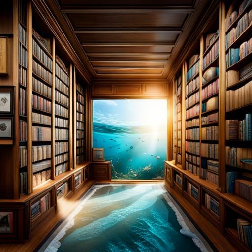 Underwater Library with Coral and Sea Life