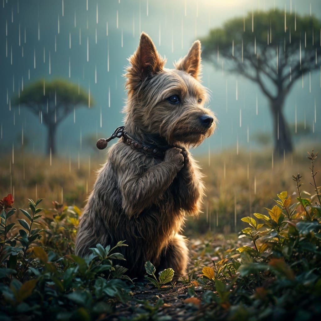 Cairn Terrier Prays in African Stormscape, Detailed Fantasy...