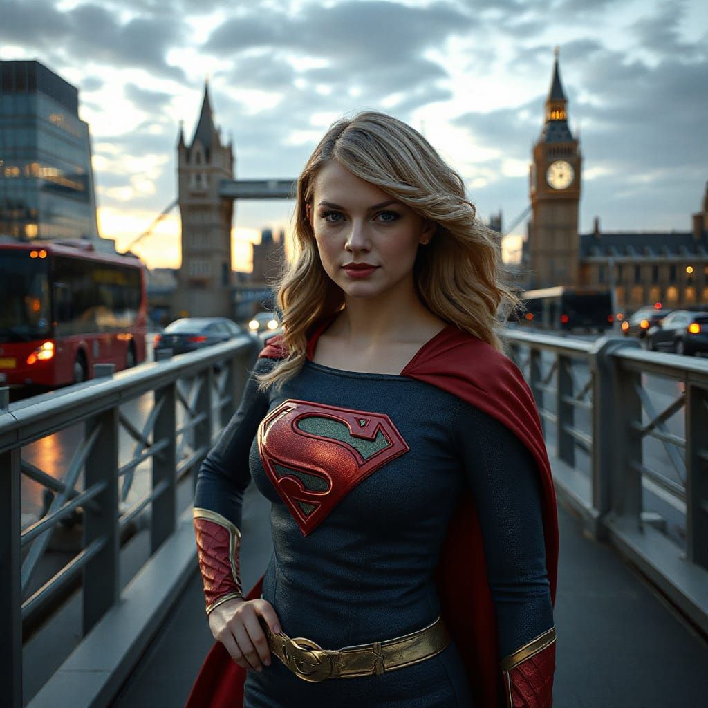 Taylor Swift Lookalike Woman as Supergirl, standing heroical...