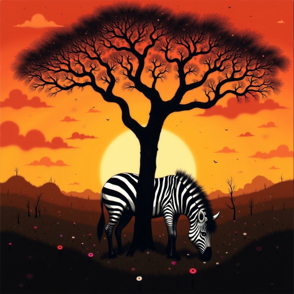 Surreal Zebra Tree Morphing in Dramatic Sunset Sky