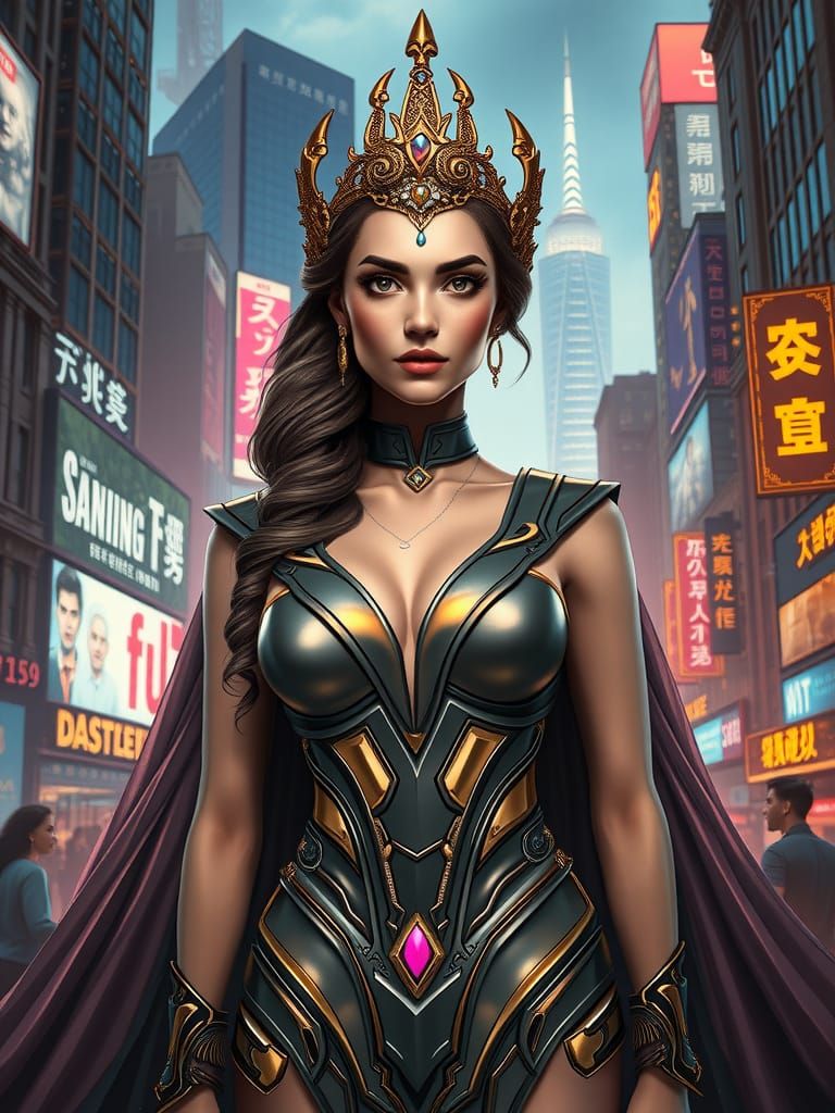 Goddess of Prosperity in Cyberpunk Cityscape